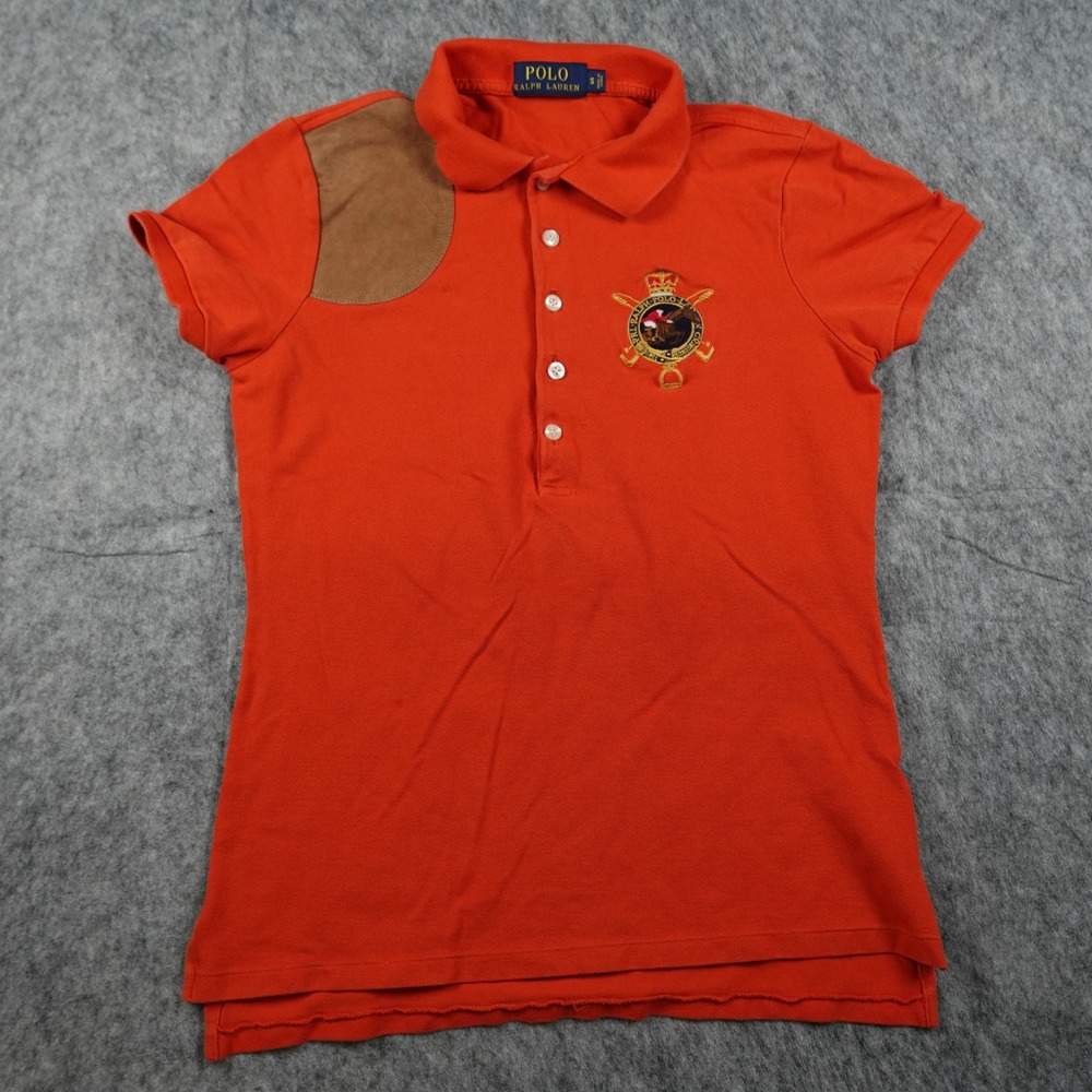 Polo Ralph Lauren Top Women Small Orange Suede Shoulder Patch‎ Crest Polo Shirt